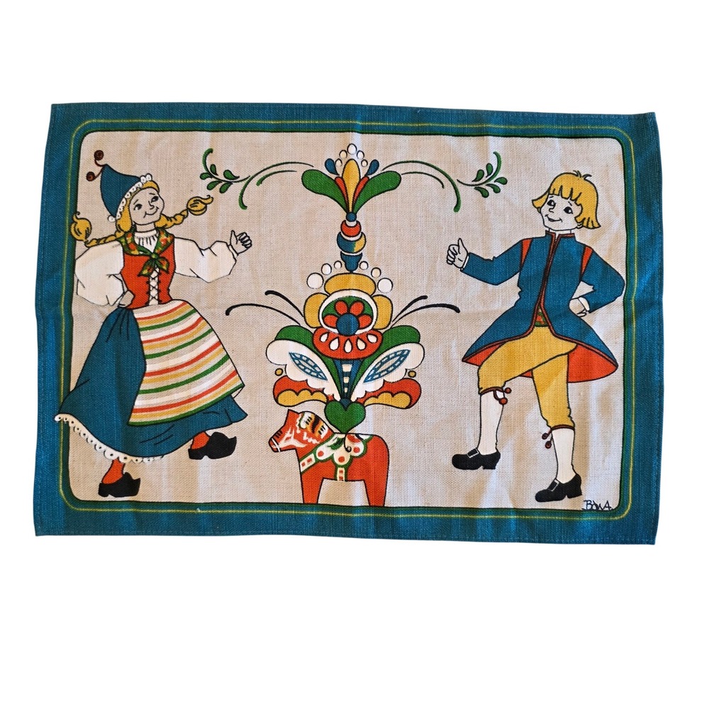 Vintage Swedish Folk Art Tea Towel Mat Dala Horse Folk Dancers Signed BOWA Teal